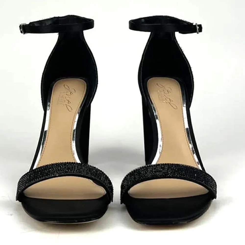 New Jewel Badgley Mischka Women Shoes Black Satin Block Heel Open Sandals US 8.5